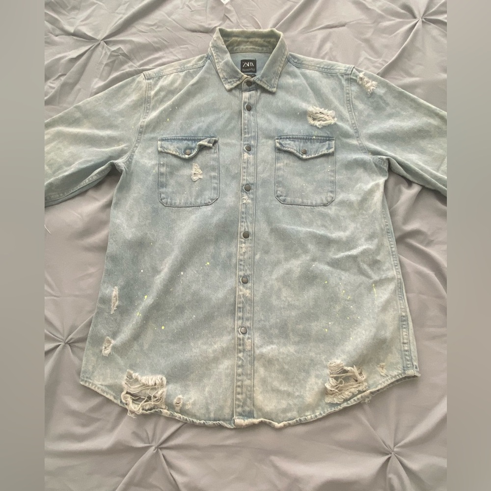 Zara button down long sleeve jeans shirt size XL